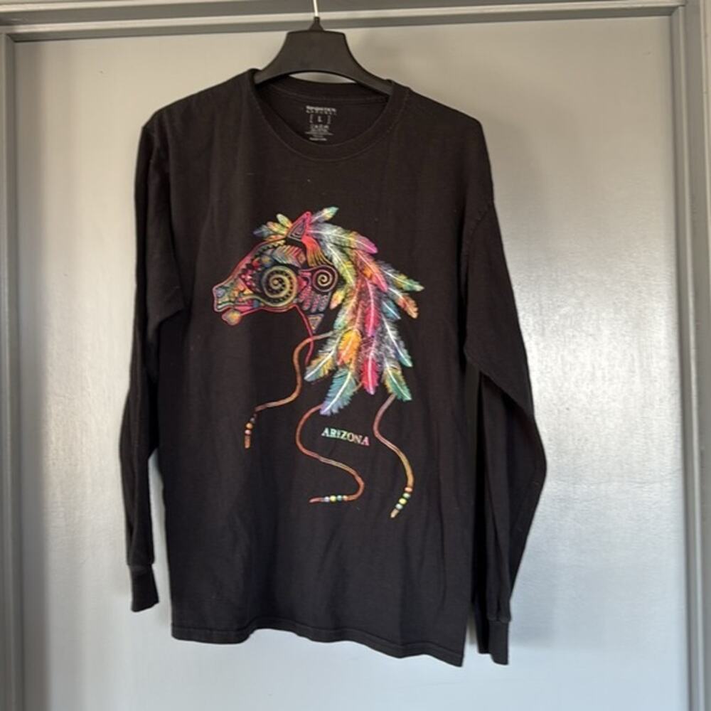 Vtg. 90s Sportex Women's  Black Tee  Long Sleeve Southwestern Horse Arizona L